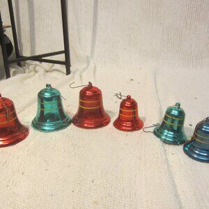 VTG SET OF 6 BELL ORNAMENTS, PLASTIC COLORFUL W/GOLD ACCENTS